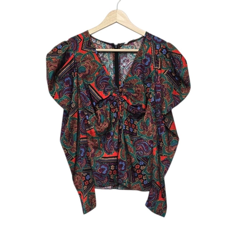 Veronica Beard Simmons Top Flame Red Multi Paisley Silk Blend Puff Sleeve Size 0